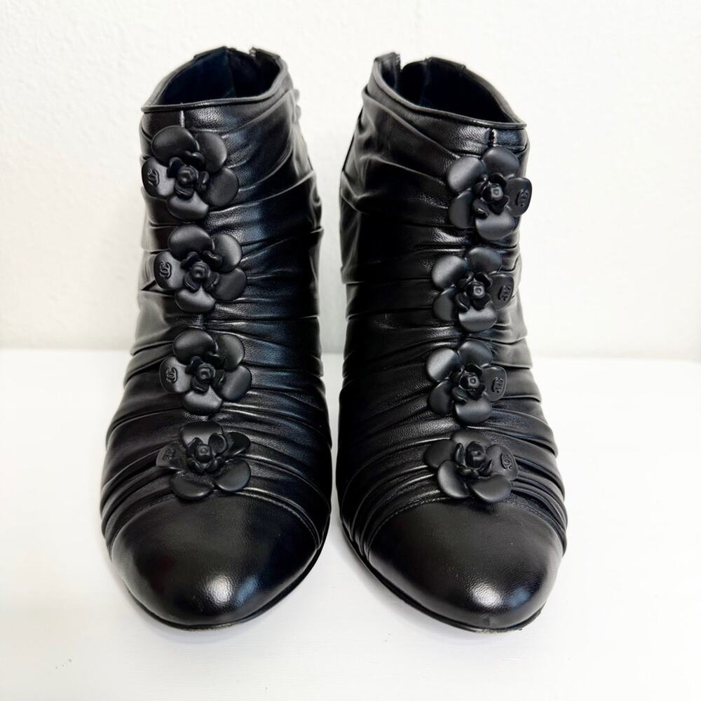 CHANEL Black Ankle Booties Cap Toe Size 37.5 Camellia Flower